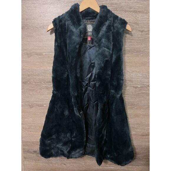 Vince Camuto Navy Blue faux fur long vest Sz Small - Picture 9 of 12